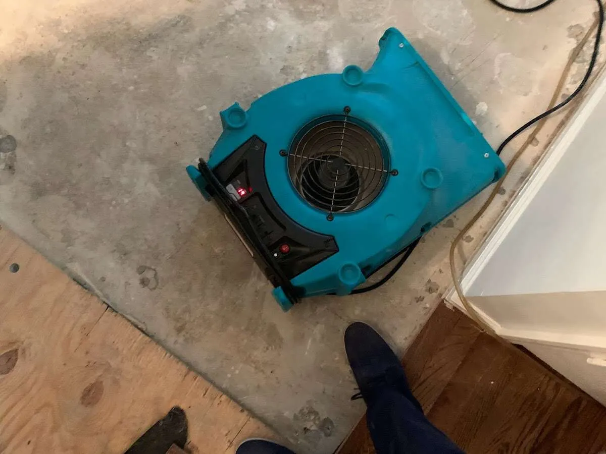 Air mover drying subfloor during Leak Detection & Repair in Alabaster